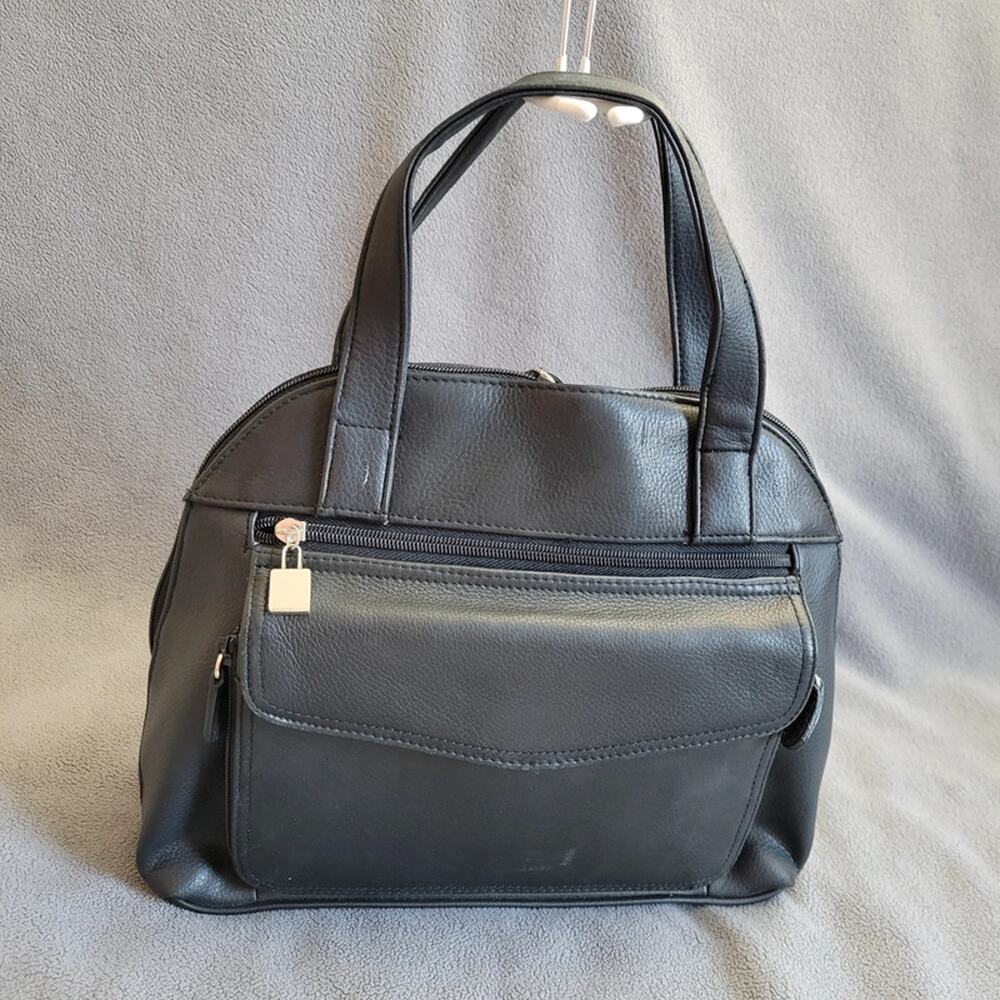 Genuine Black Pebbled Leather Vintage Style Organizer Handbag Multi Pocket‎